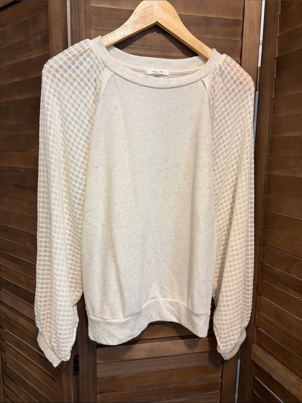 Anthropologie Cream Crewneck Sweater with Waffle-Texture Sleeves